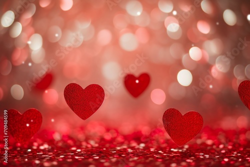 Valentines day abstract background with red hearts blurry lights in 3D rendering.
