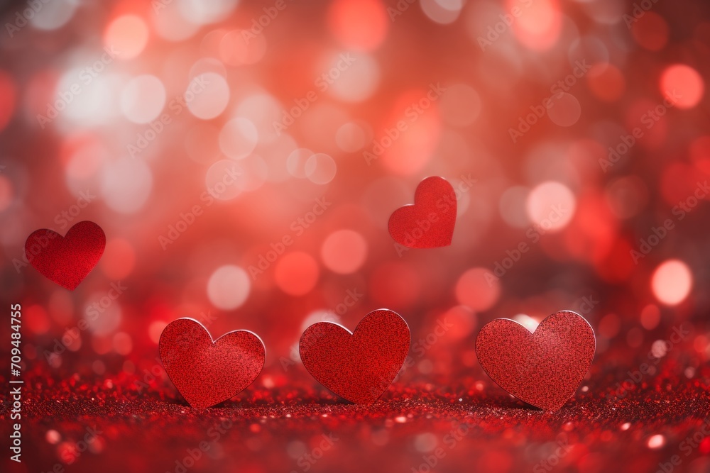 Abstract background with charming display of red hearts and red lights, creating an enchanting and romantic atmosphere. Abstract background with charming display of red hearts and red lights, creating an enchanting and romantic atmosphere.