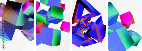 Flying 3d shapes, cubes and other geometric elements background design for wallpaper, business card, cover, poster, banner, brochure, header, website