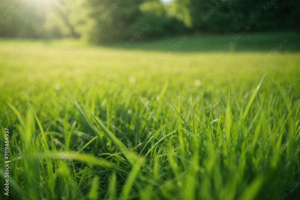 Fototapeta premium Fresh green grass under the sun, lawn yard landscape sunray generative ai nature beautiful background
