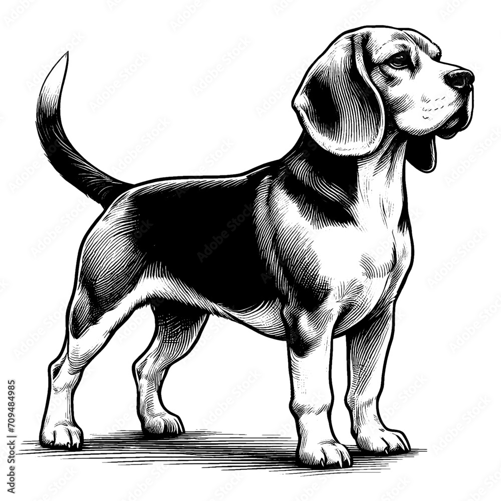 Full-length portrait of a standing Beagle. Vector illustration isolated on white. Engraving vintage style illustration for print, tattoo, t-shirt, coloring book