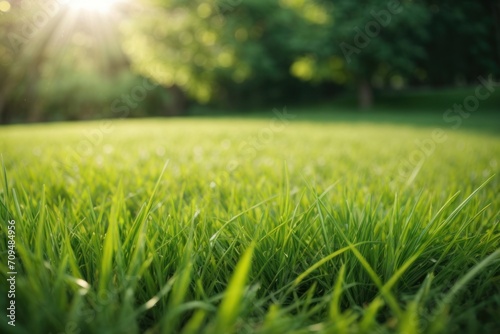 Fresh green grass under the sun, lawn yard landscape sunray generative ai nature beautiful background