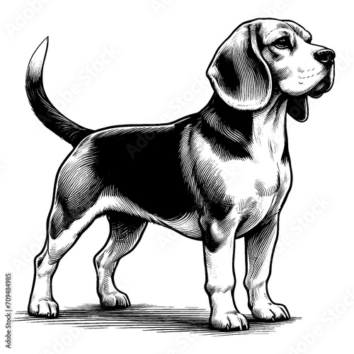 Full-length portrait of a standing Beagle. Vector illustration isolated on white. Engraving vintage style illustration for print, tattoo, t-shirt, coloring book