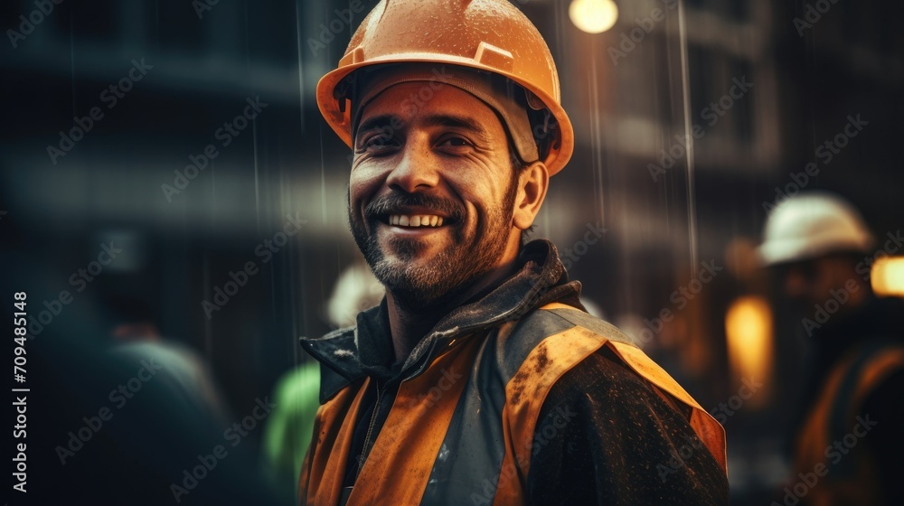 Happy man construction worker with safety helmet and orange vest. Safety first concept Happy man construction worker with safety helmet and orange vest. Safety first concept