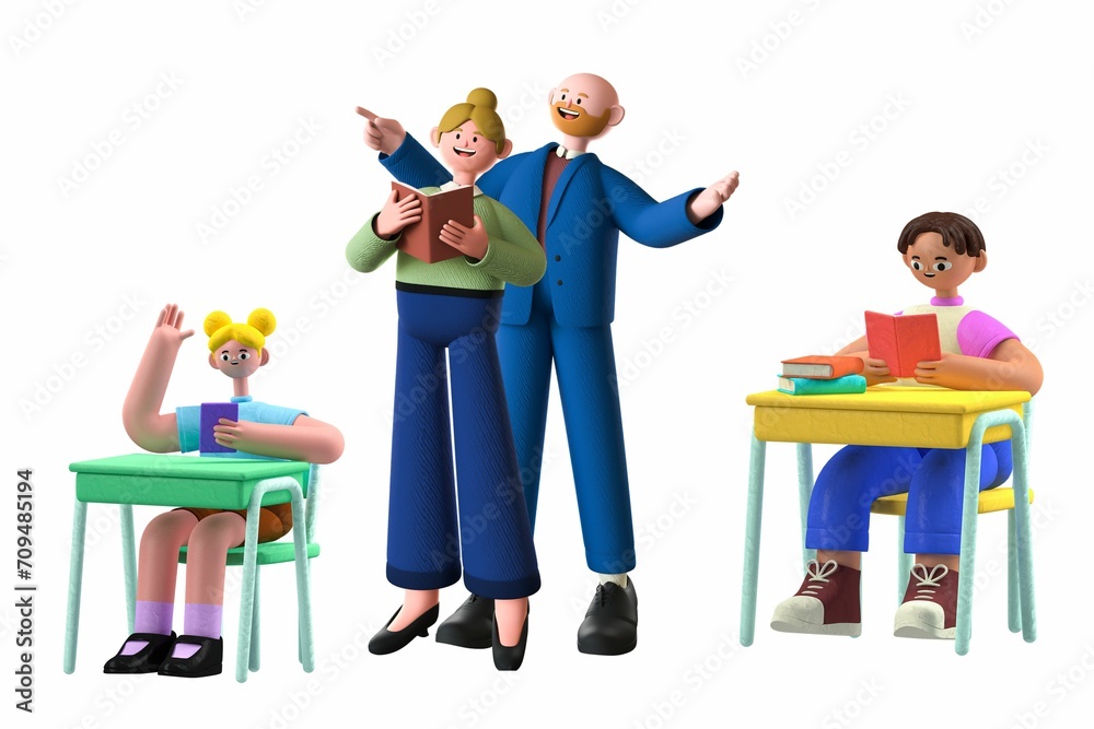 set of funny cartoon teacher 3d avatar character. Male and female teachers class room. 3D rendering illustration. 