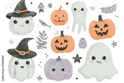 Minimalism and abstract cartoon vector very cute kawaii halloween clipart, organic forms, desaturated light and airy pastel color palette, nursery art, white background.