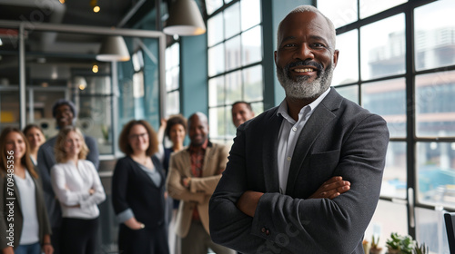 Confident black man, standing, arms crossed at the forefront of a diverse group of professional individuals, smiling, modern office environment, group of diverse people, business attire, inclusive