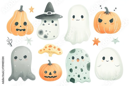 Minimalism and abstract cartoon vector very cute kawaii halloween clipart  organic forms  desaturated light and airy pastel color palette  nursery art  white background.