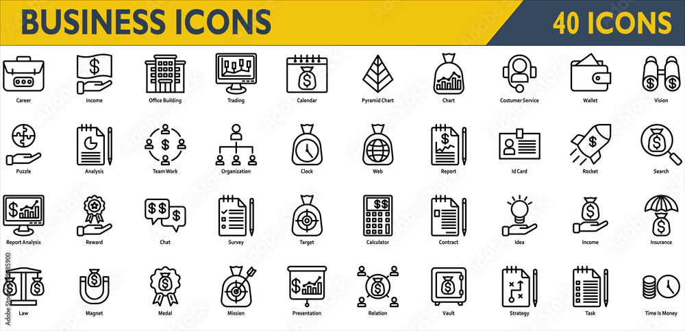Business icon set. Containing career, income, office building, trading ...