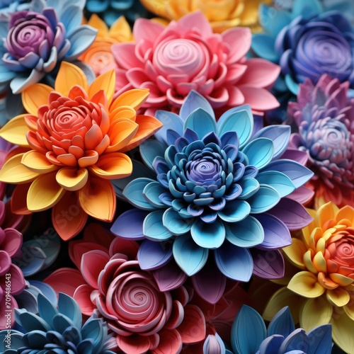 3D render of abstract cut paper flowers in rainbow colors © crazyass