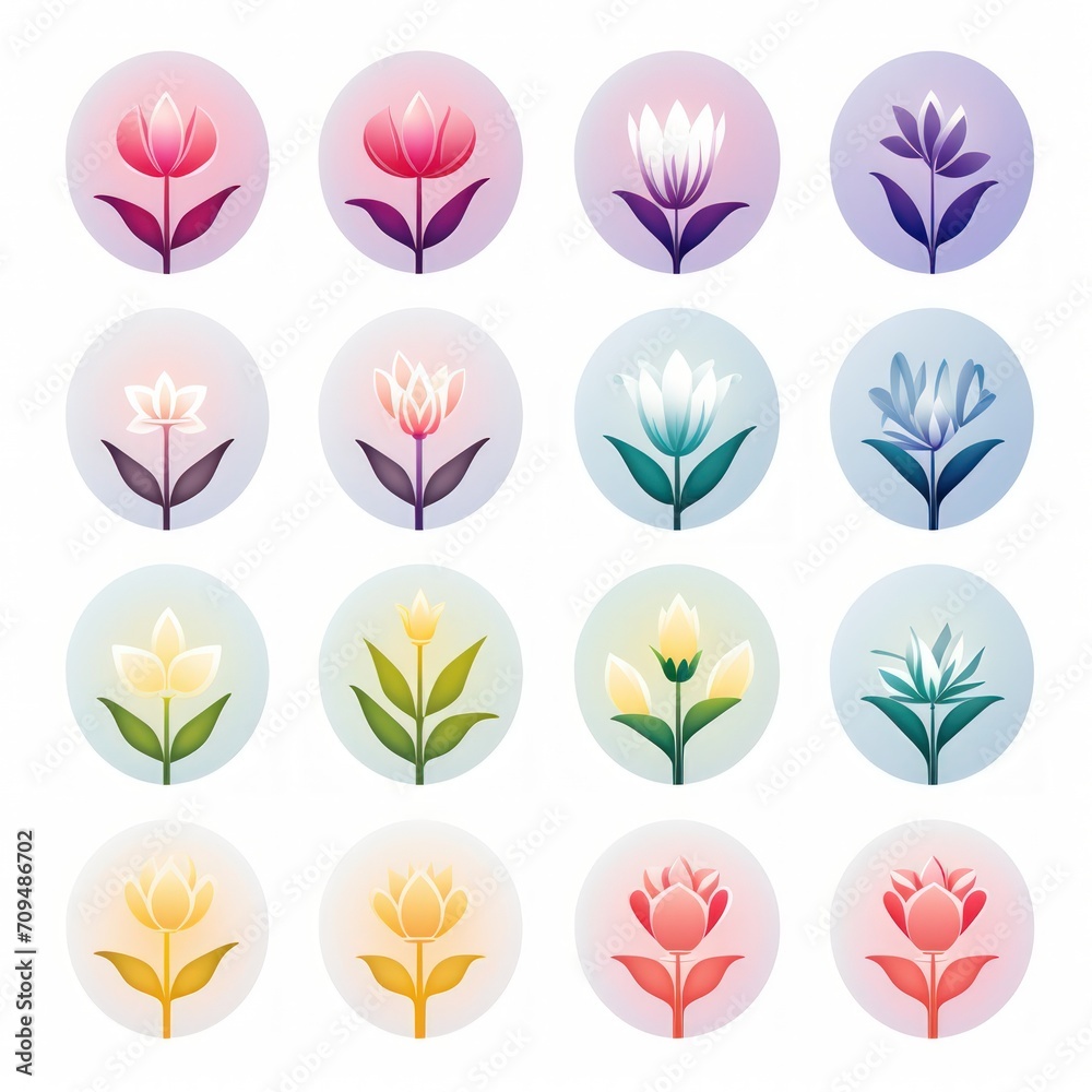 Set of flat gradient icons featuring various flowers on a white background