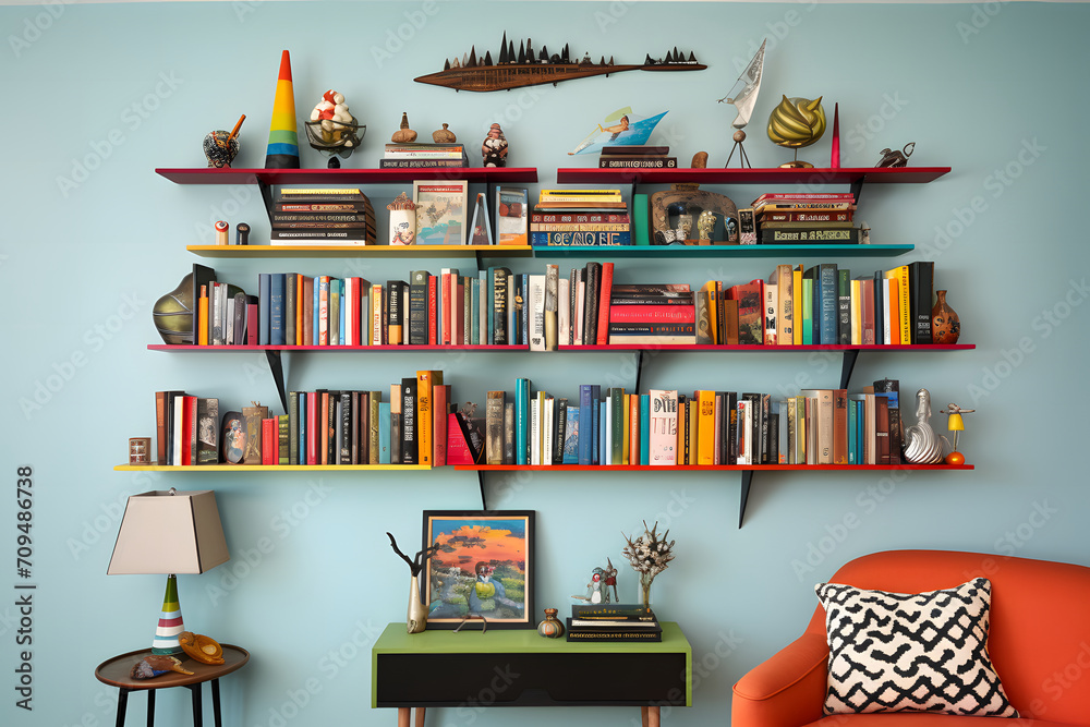 The interior of living room in loft with bookshelves. 3d illustration , bookshelf filled with colorful books The interior of living room in loft with bookshelves. 3d illustration , bookshelf filled with colorful books