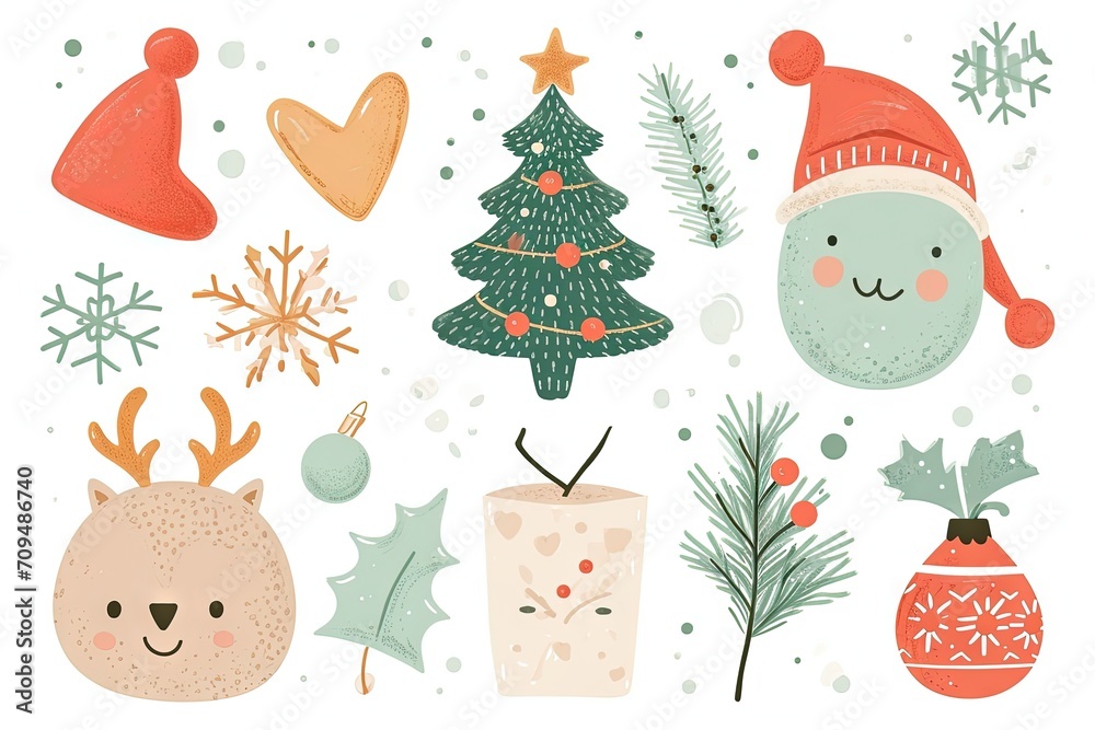 Naklejka premium Minimalism and abstract cartoon vector very cute kawaii christmas, xmas clipart, organic forms, desaturated light and airy pastel color palette, nursery art, white background.