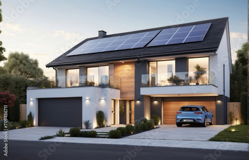 solar panels on the roof of house, house with eco green energy concept
