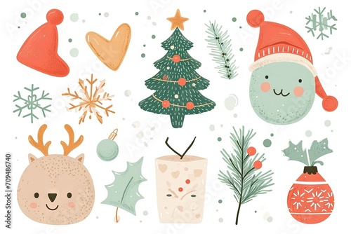 Minimalism and abstract cartoon vector very cute kawaii christmas  xmas clipart  organic forms  desaturated light and airy pastel color palette  nursery art  white background.