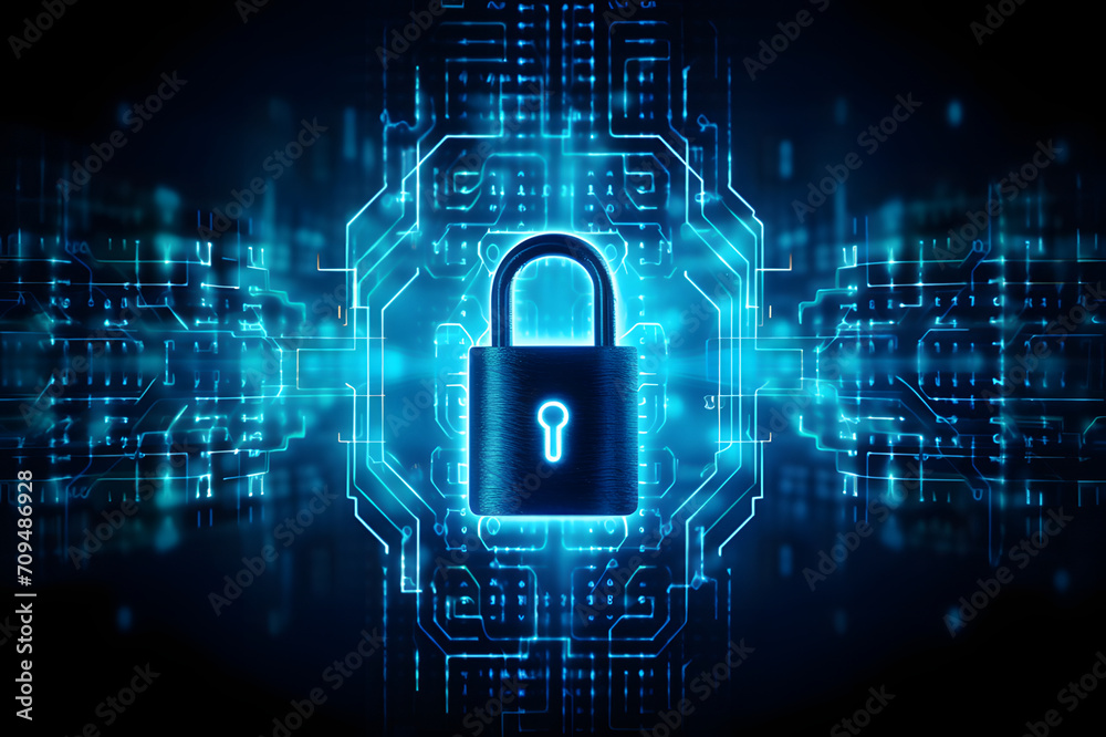 Cyber security, digital data protection, privacy online business internet technology concepts. Big lock icon on hexagon network background with shield symbol circuit, future cyber tech web service Cyber security, digital data protection, privacy online business internet technology concepts. Big lock icon on hexagon network background with shield symbol circuit, future cyber tech web service