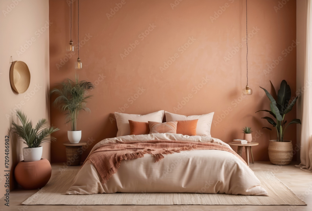 Bed with terra cotta pillows against beige stucco wall. Boho interior design of modern bedroom.