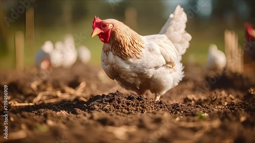 Closeup of a chicken scratching in the dirt, helping to naturally fertilize the soil. photo