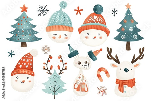 Minimalism and abstract cartoon vector very cute kawaii christmas, xmas clipart, organic forms, desaturated light and airy pastel color palette, nursery art, white background.