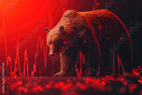 Stock market bear market trading Down trend of graph red background reducing price