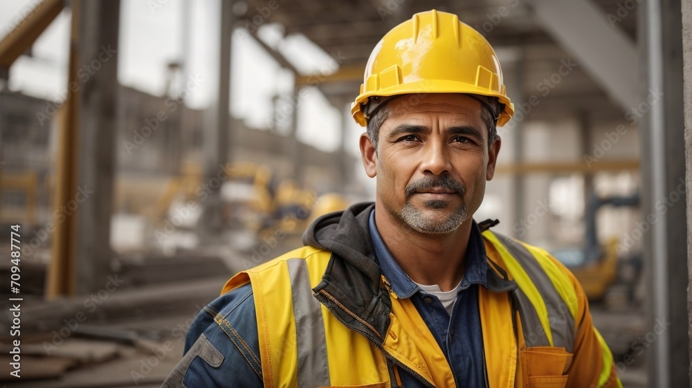 portrait of a construction worker with his uniform and yellow protection helmet portrait of a construction worker with his uniform and yellow protection helmet