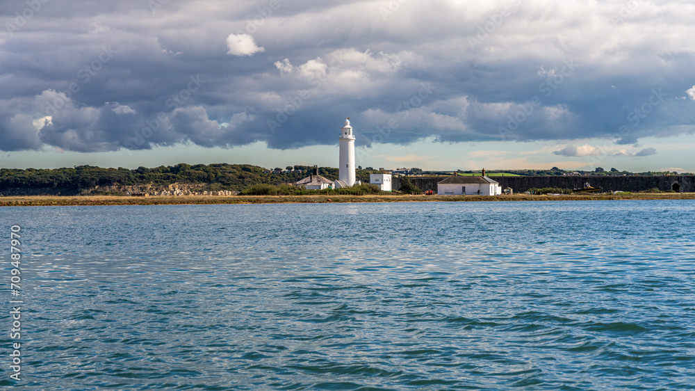 The Hurst Point Lighthouse and Keyhaven Lake near Milford on Sea,, Hampshire, England, UK