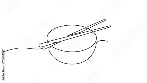 Continuous one line animation. Animated motion graphic element of a bowl with a pair of chopsticks. 4k videos