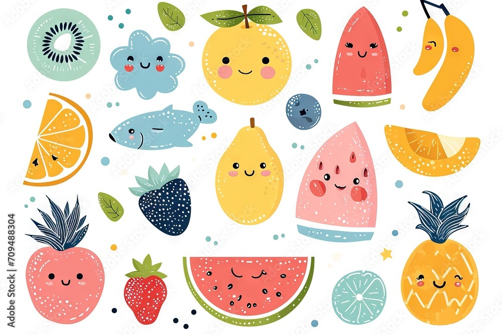 Fototapeta premium Minimalism and abstract cartoon vector very cute kawaii summer feelings, vibes clipart, organic forms, desaturated light and airy pastel color palette, nursery art, white background.