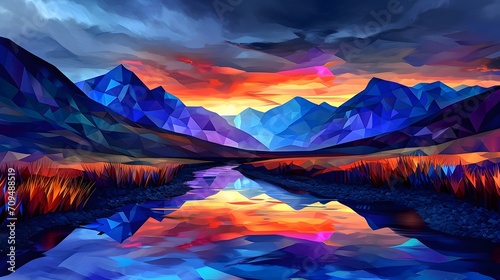 Vibrant Low Poly Landscape at Sunset