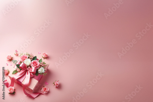 Ressource graphique pour Saint valentin, mariage, anniversaire, déclaration d'amour. Cadeau rose ruban rose et roses roses sur fond rose. St Valentin thème Barbie, féminin - Espaces texte © Noble Nature