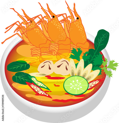 Thai Street Food. Delicious Thai food vector set. Vector Thai food, tom yum koong, spicy prawn soup