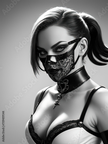 High-Contrast Dominatrix - Close-up portrait of a commanding fair-skinned dominatrix in a sensual, high-contrast black and white photograph Gen AI