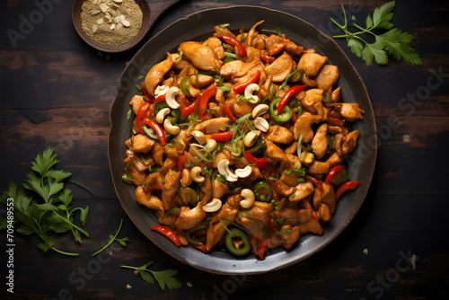 Stir-fried chicken with cashew nuts in black dish on wooden table. photo