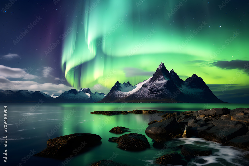 Mountain in winter with lake and green Aurora.