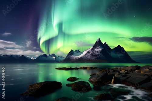 Mountain in winter with lake and green Aurora. © Atiwan Janprom