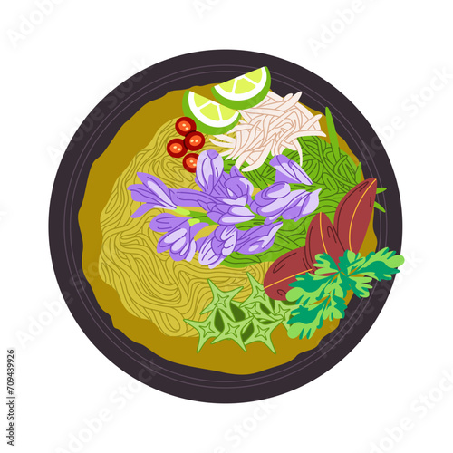 num banhchok traditional food cambodia made from rice noodles with vegetable delicious meal