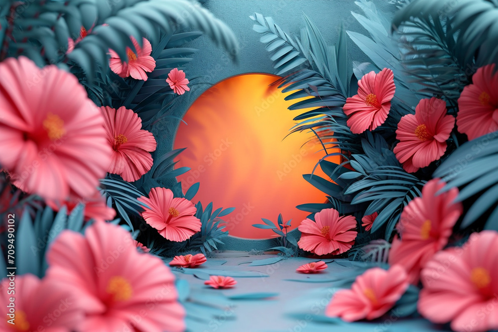 Colorful background full of plants and flowers with an orange circle in the center of the background. Illustrator's day theme, 3d style, with copy space.