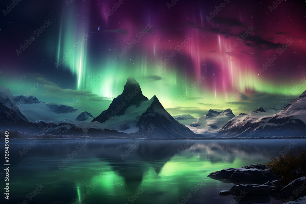 Mountain in winter with lake,purple and green Aurora.