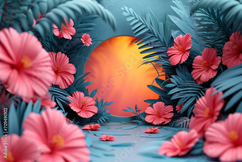 Obraz na płótnie Colorful background full of plants and flowers with an orange circle in the center of the background. Illustrator's day theme, 3d style, with copy space. w salonie