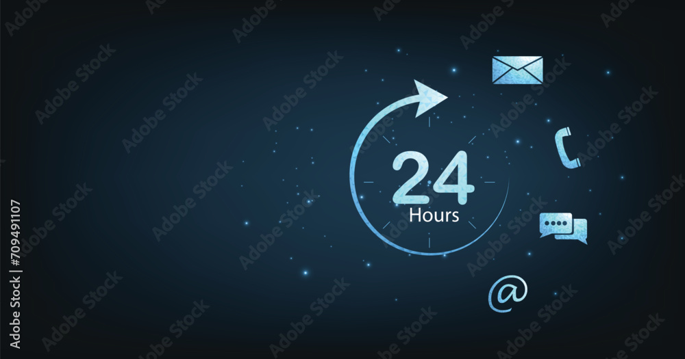24-hour services concept. 24-hour circle arrow service icon vector illustration shows Customer service, Customer help, and Tech support on a dark blue background. 24-hour services concept. 24-hour circle arrow service icon vector illustration shows Customer service, Customer help, and Tech support on a dark blue background.