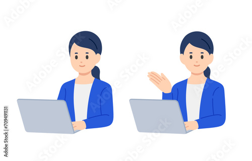 パソコンを見る･案内のポーズをするビジネスパーソン女性のセット【人物ベクターイラスト素材】