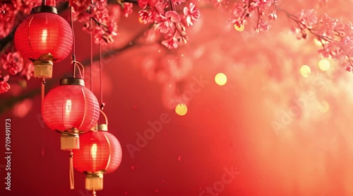 Chinese new year, year of the zodiac sign of the dragon hanging lanterns and beautiful flowers photo
