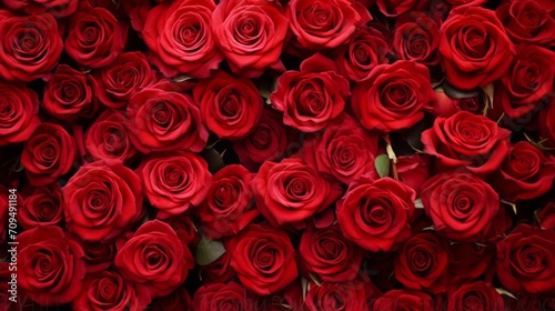 Background, texture of roses. The view from above is full of fresh red roses.