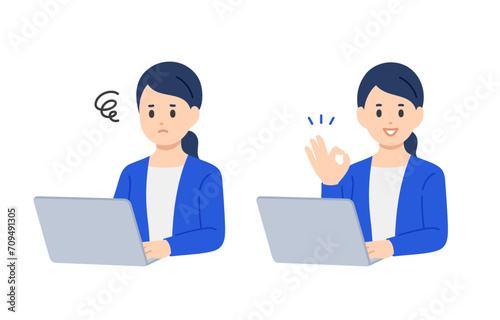 パソコンを見て悩む･OKポーズをするビジネスパーソン女性のセット【人物ベクターイラスト素材】