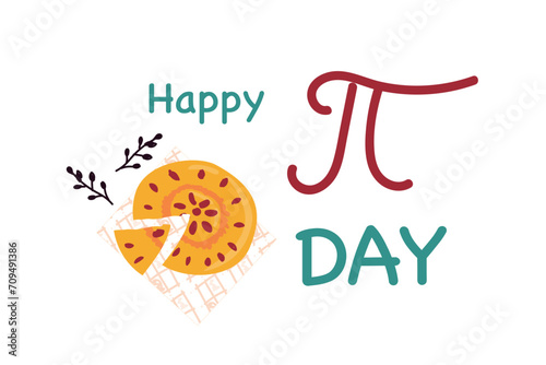 Happy Pi Day celebration card with pie and pi symbol. Vector illustration isolated. Can used for national pi day banner or greeting card. 