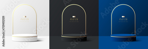 Set of luxury white, black and blue 3D cylinder podium realistic or pedestal stage for product display presentation with arch shape backdrop. Minimal scene for mockup. stage showcase.