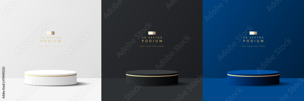 Set of luxury white, black and blue 3D cylinder podium realistic or pedestal stage for product display presentation. Minimal scene for mockup. stage showcase. 3d vector geometric form. - obrazy, fototapety, plakaty 