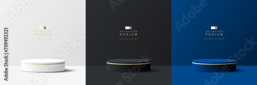 Set of luxury white, black and blue 3D cylinder podium realistic or pedestal stage for product display presentation. Minimal scene for mockup. stage showcase. 3d vector geometric form. photo