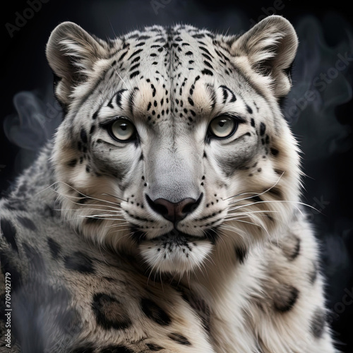 Ethereal Wildlife - Commanding Snow Leopard Portrait in Dramatic Smoke Gen AI photo