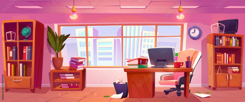 Modern business office interior with view on city skyscrapers through large window, desk with computer and stack of papers and folders, chair and cabinet. Cartoon vector businessman workplace. Modern business office interior with view on city skyscrapers through large window, desk with computer and stack of papers and folders, chair and cabinet. Cartoon vector businessman workplace.